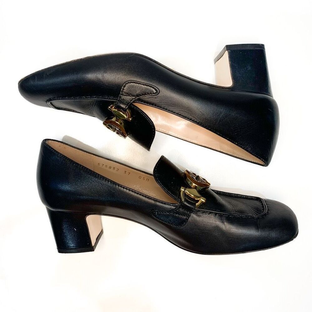 Gucci Zumi Interlocking GG Loafer Pumps EU 37 US 7 Black Leather Logo Mid Heels - Picture 4 of 10